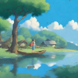 Genera una imagen estilo Studio Ghibli de una persona caminando sobre el agua en un campamento