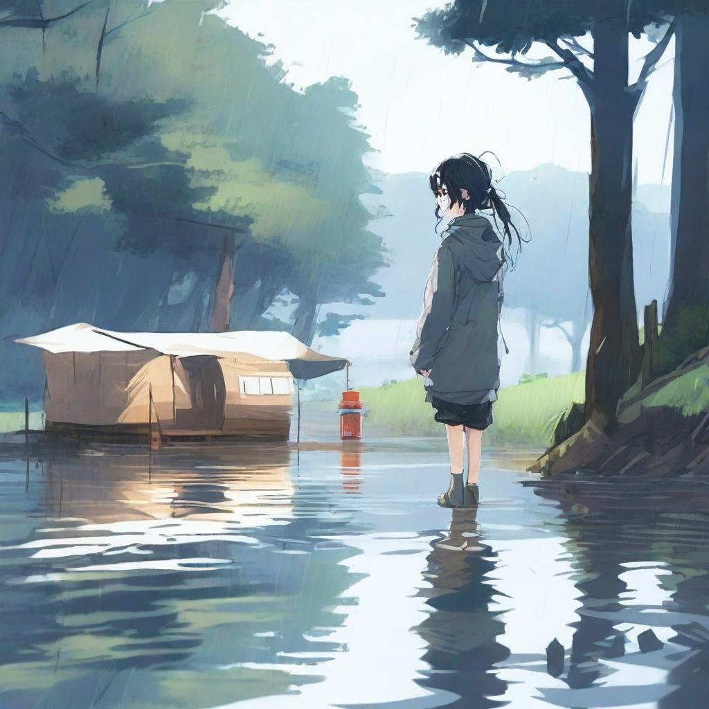 Genera una imagen estilo anime art de una persona caminando en el agua en un día lluvioso en un campamento