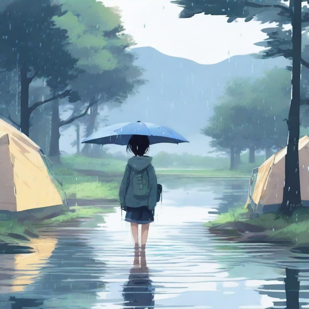 Genera una imagen estilo anime art de una persona caminando en el agua en un día lluvioso en un campamento