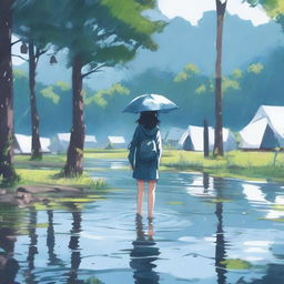 Genera una imagen estilo anime art de una persona caminando en el agua en un día lluvioso en un campamento