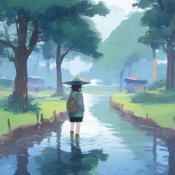 Genera una imagen estilo anime art de una persona caminando en el agua en un día lluvioso en un campamento