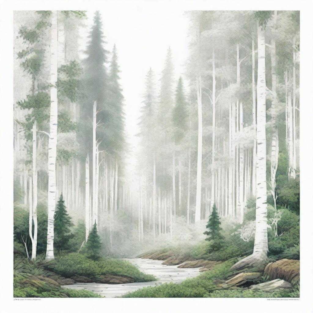 A white cover with a forest on one side