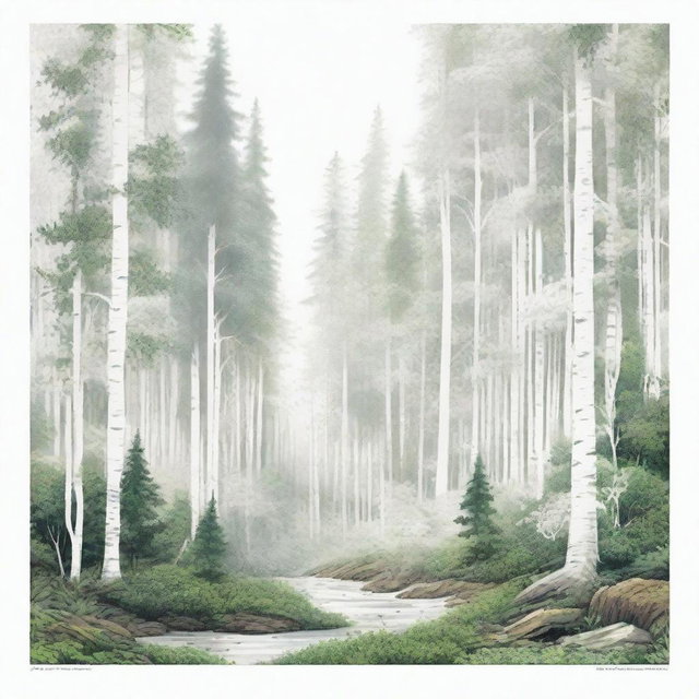 A white cover with a forest on one side