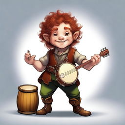 A charming male halfling with medium length curly red hair