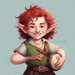 A charming male halfling with medium length curly red hair