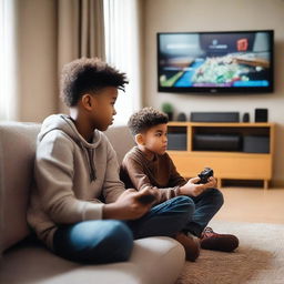 Two boys are playing video games together in a cozy living room