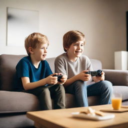 Two boys are playing video games together in a cozy living room