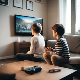 Two boys are playing video games together in a cozy living room