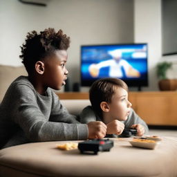 Two boys are playing video games together in a cozy living room