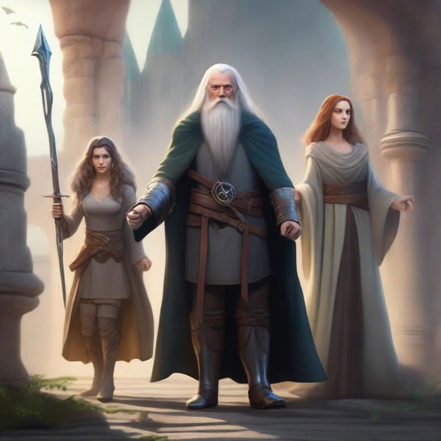 A warrior wielding a sword, a wizard holding a wand, and a healer