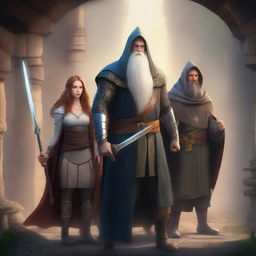 A warrior wielding a sword, a wizard holding a wand, and a healer