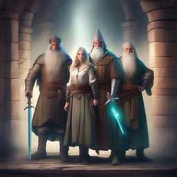 A warrior wielding a sword, a wizard holding a wand, and a healer