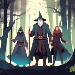 A warrior wielding a sword, a wizard holding a wand, and a healer in a dark forest