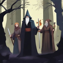 A warrior wielding a sword, a wizard holding a wand, and a healer in a dark forest