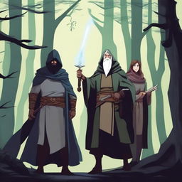 A warrior wielding a sword, a wizard holding a wand, and a healer in a dark forest