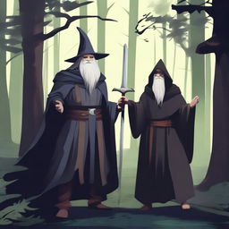 A warrior wielding a sword, a wizard holding a wand, and a healer in a dark forest