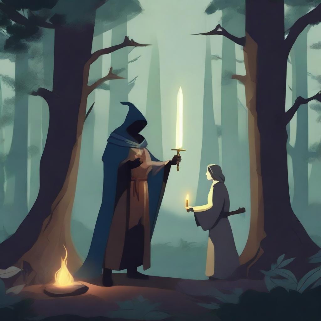 A warrior wielding a sword, a wizard, and a healer in a dark forest