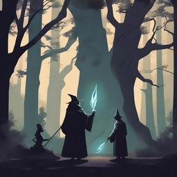 A warrior wielding a sword, a wizard, and a healer in a dark forest