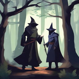 A warrior wielding a sword, a wizard, and a healer in a dark forest