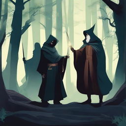 A warrior wielding a sword, a wizard, and a healer in a dark forest