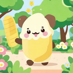 Pompompurin, the adorable Sanrio character, holding a corn on the cob (elote) with a happy expression