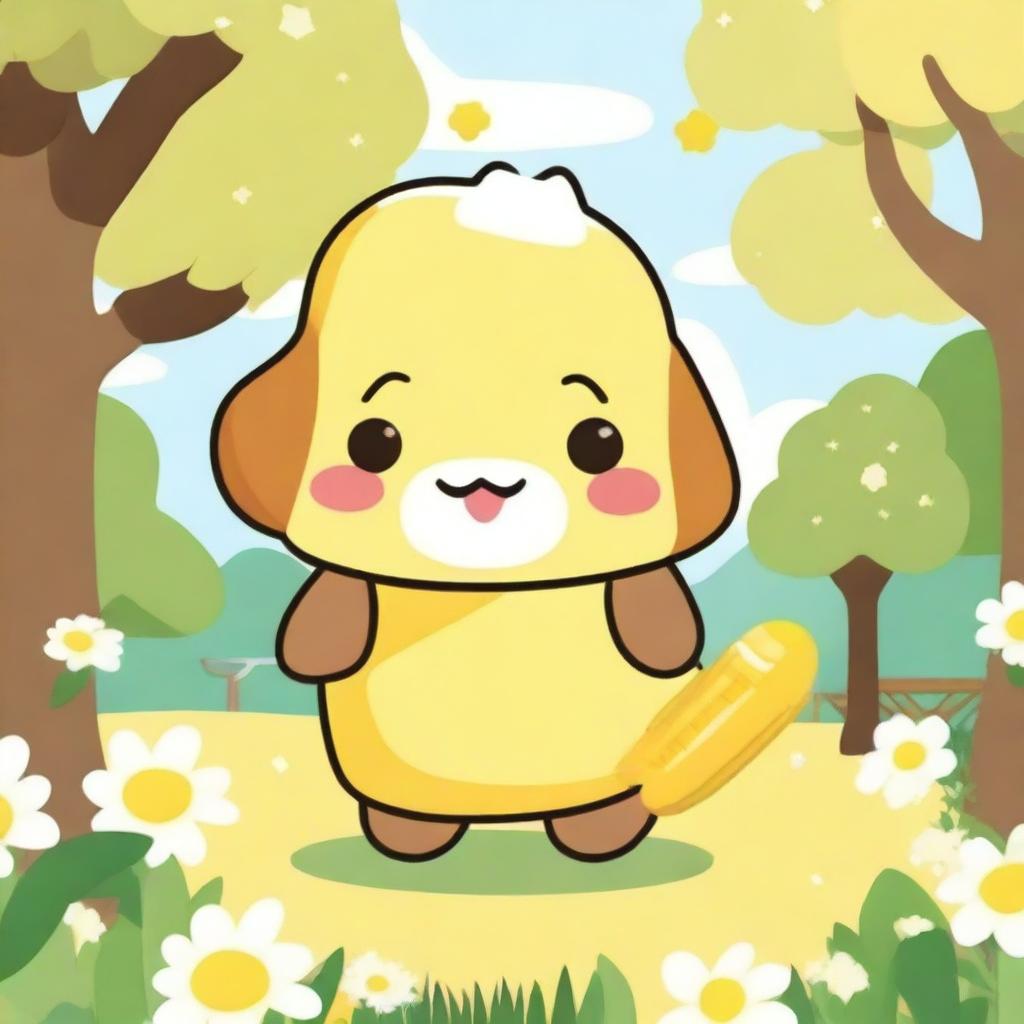 Pompompurin, the adorable Sanrio character, holding a corn on the cob (elote) with a happy expression