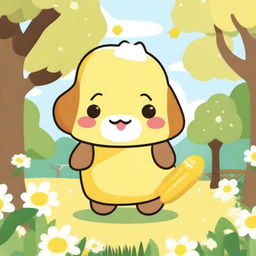 Pompompurin, the adorable Sanrio character, holding a corn on the cob (elote) with a happy expression