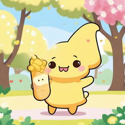 Pompompurin, the adorable Sanrio character, holding a corn on the cob (elote) with a happy expression