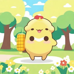 Pompompurin, the adorable Sanrio character, holding a corn on the cob (elote) with a happy expression