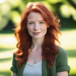 A beautiful redhead woman with flowing, vibrant red hair