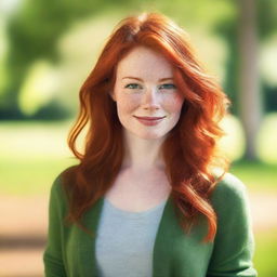 A beautiful redhead woman with flowing, vibrant red hair