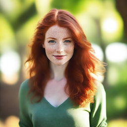 A beautiful redhead woman with flowing, vibrant red hair