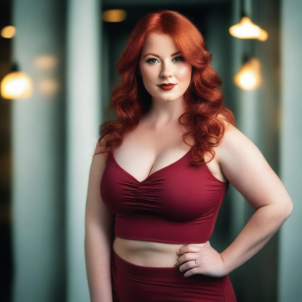 A redheaded woman with a curvy, teasing body