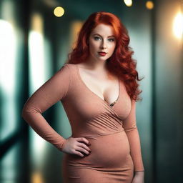 A redheaded woman with a curvy, teasing body