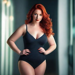 A redheaded woman with a curvy, teasing body