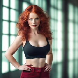 A redheaded woman with a toned, busty body and a teasing demeanor