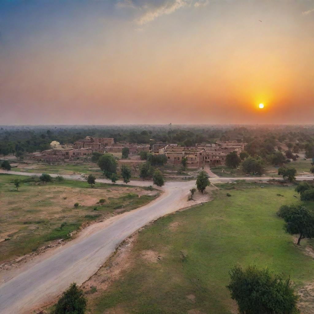 Stunning landscape view of Jhang city in Pakistan, showcasing beautiful architecture and natural beauty during sunset.