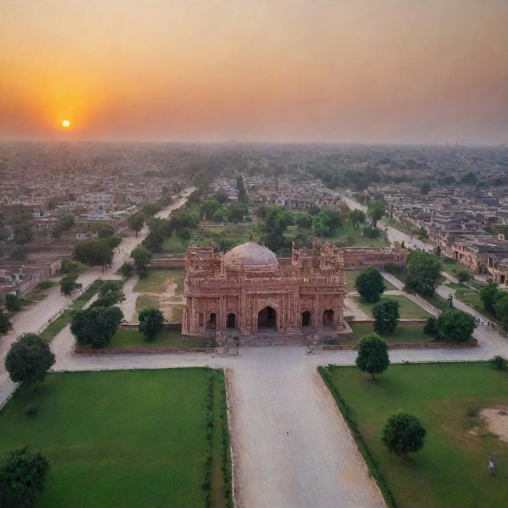 Stunning landscape view of Jhang city in Pakistan, showcasing beautiful architecture and natural beauty during sunset.