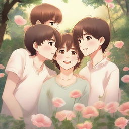 A romantic scene featuring two boys and one girl in a beautiful garden setting