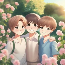 A romantic scene featuring two boys and one girl in a beautiful garden setting