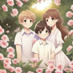 A romantic scene featuring two boys and one girl in a beautiful garden setting