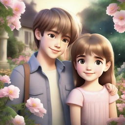 A realistic romantic scene featuring two boys and one girl in a beautiful garden setting