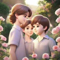 A realistic romantic scene featuring two boys and one girl in a beautiful garden setting