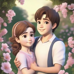 A realistic romantic scene featuring two boys and one girl in a beautiful garden setting