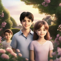 A realistic romantic scene featuring two boys and one girl in a beautiful garden setting