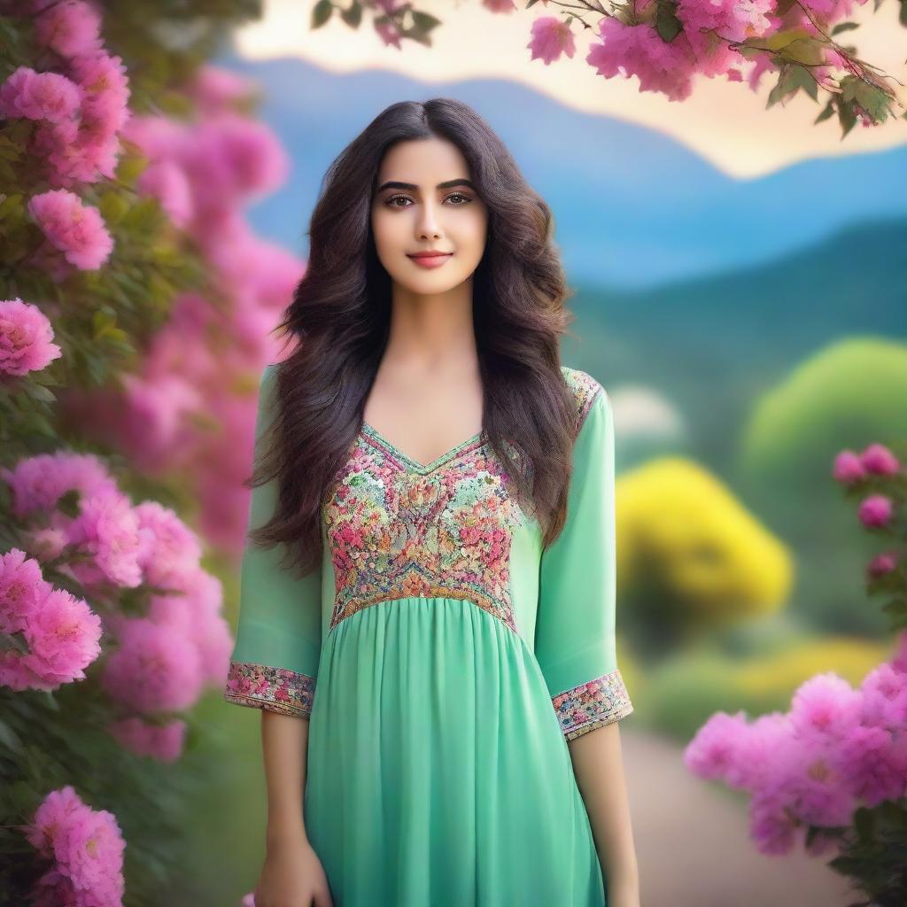 A beautiful woman with a serene expression, standing in a picturesque landscape