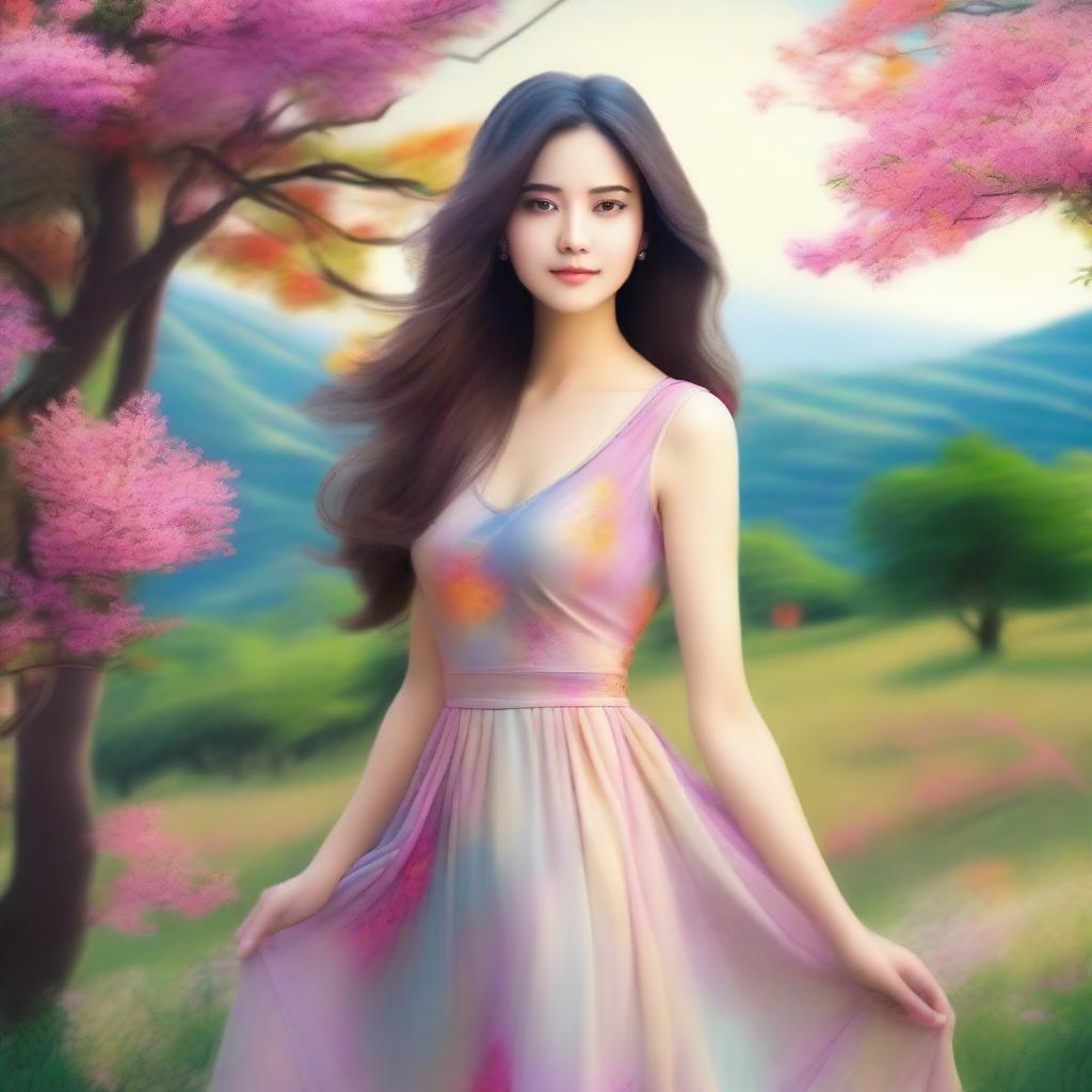 A beautiful woman with a serene expression, standing in a picturesque landscape