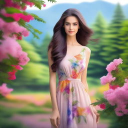 A beautiful woman with a serene expression, standing in a picturesque landscape