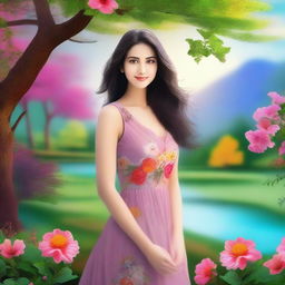 A beautiful woman with a serene expression, standing in a picturesque landscape