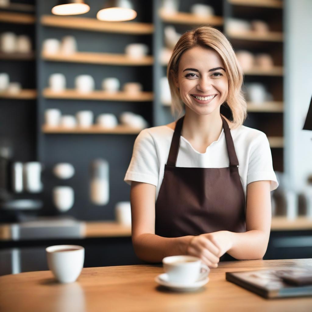 A charming and attractive female barista with a warm smile, serving coffee in a cozy, modern café